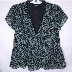 Madewell Georgette Ruffle Peplum Blouse, green and black, XS